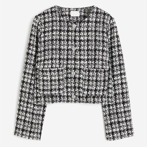 H&M - NWT Boucle Black And White Plaid Silver Button Lined Jacket Size XS